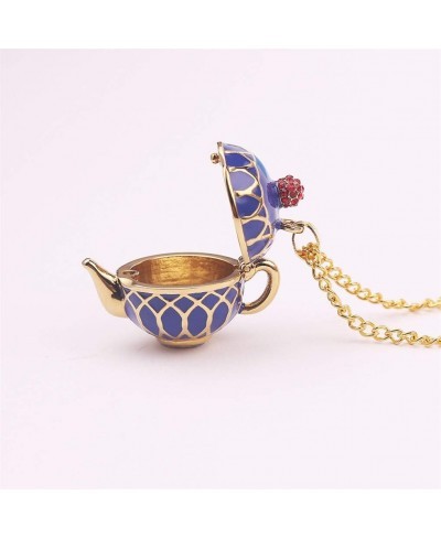 Enamel Stacked Tea Cup Teapot Pendant Long Chain Necklace Sweater Necklace Chain Statement Stud Earring Blue Necklace $11.87 ...