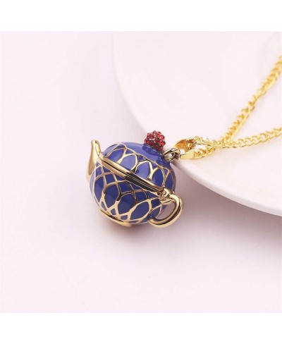 Enamel Stacked Tea Cup Teapot Pendant Long Chain Necklace Sweater Necklace Chain Statement Stud Earring Blue Necklace $11.87 ...