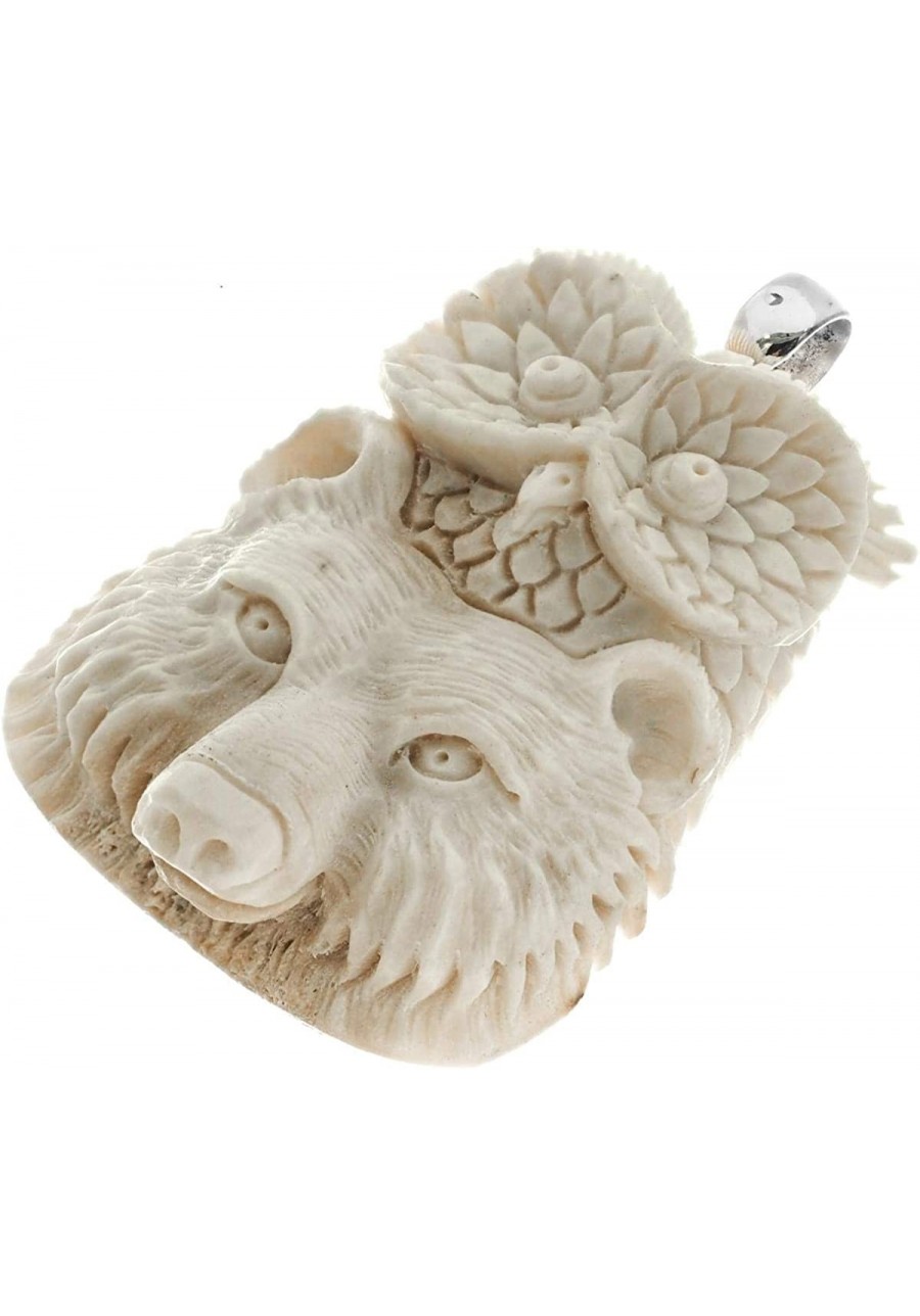 Bear Owl Carving Deer Antler Totem 925 Sterling Silver Pendant 2 3/8 $41.49 Pendants & Coins