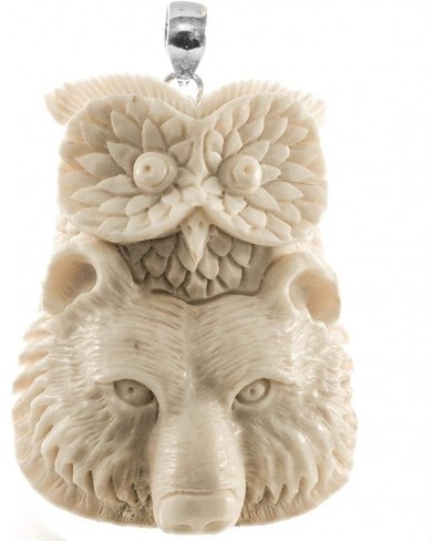 Bear Owl Carving Deer Antler Totem 925 Sterling Silver Pendant 2 3/8 $41.49 Pendants & Coins