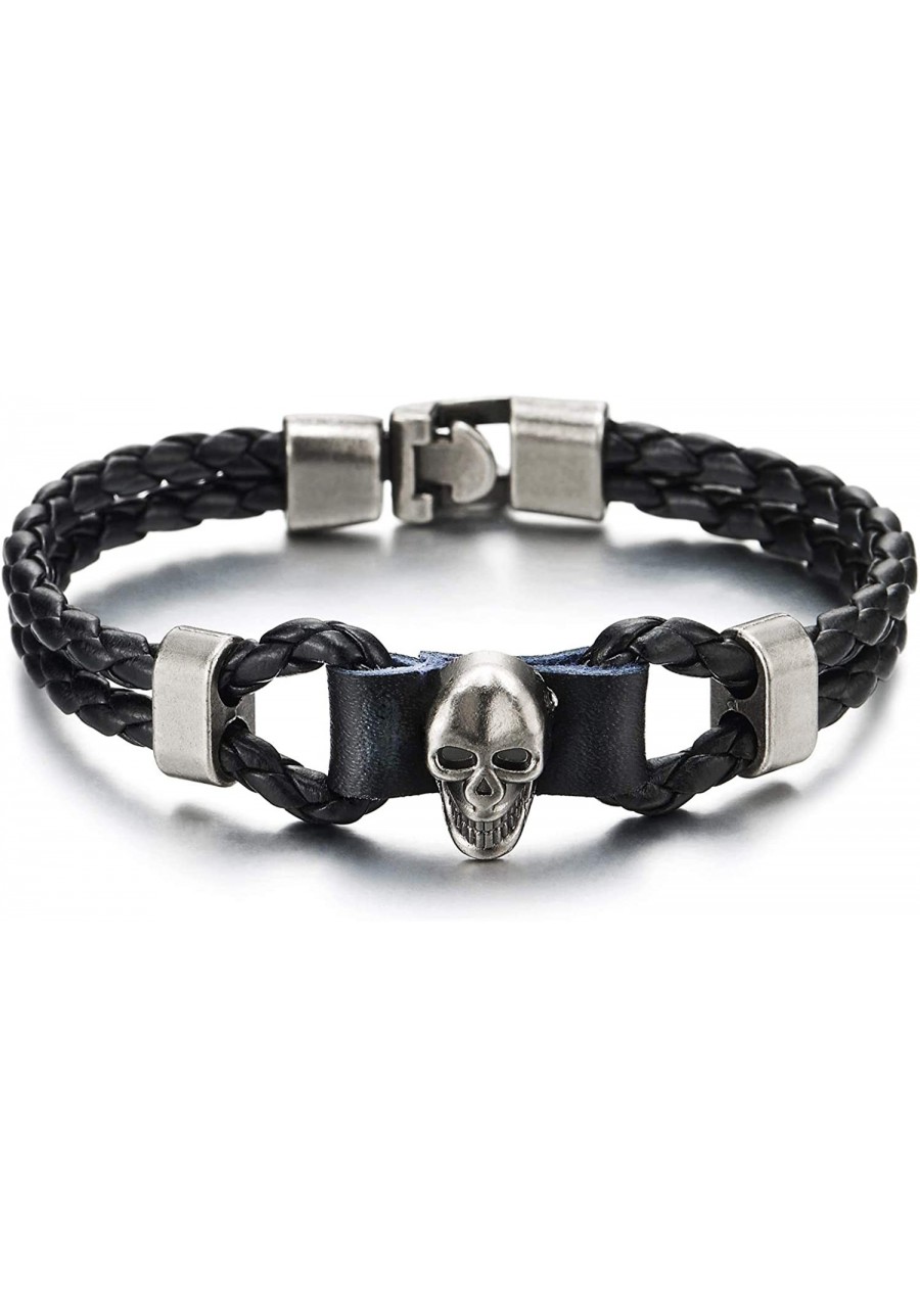 Mens Women Two-Row Black Braided Leather Knot Wristband Bangle Bracelet with Grey Skull Charm $13.95 Cuff