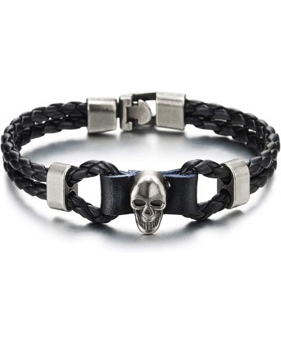 Mens Women Two-Row Black Braided Leather Knot Wristband Bangle Bracelet with Grey Skull Charm $13.95 Cuff