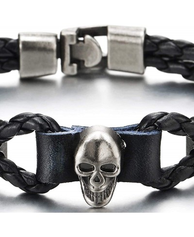 Mens Women Two-Row Black Braided Leather Knot Wristband Bangle Bracelet with Grey Skull Charm $13.95 Cuff