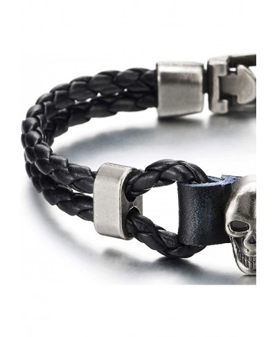 Mens Women Two-Row Black Braided Leather Knot Wristband Bangle Bracelet with Grey Skull Charm $13.95 Cuff