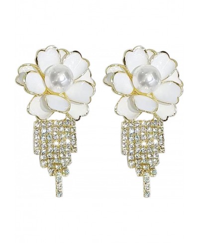 Pearl Flower Tassel Earrings 14K Gold Plated Cubic Zirconia Fringe Earrings Long Drop Dangle Earrings for Women Girls $16.21 ...