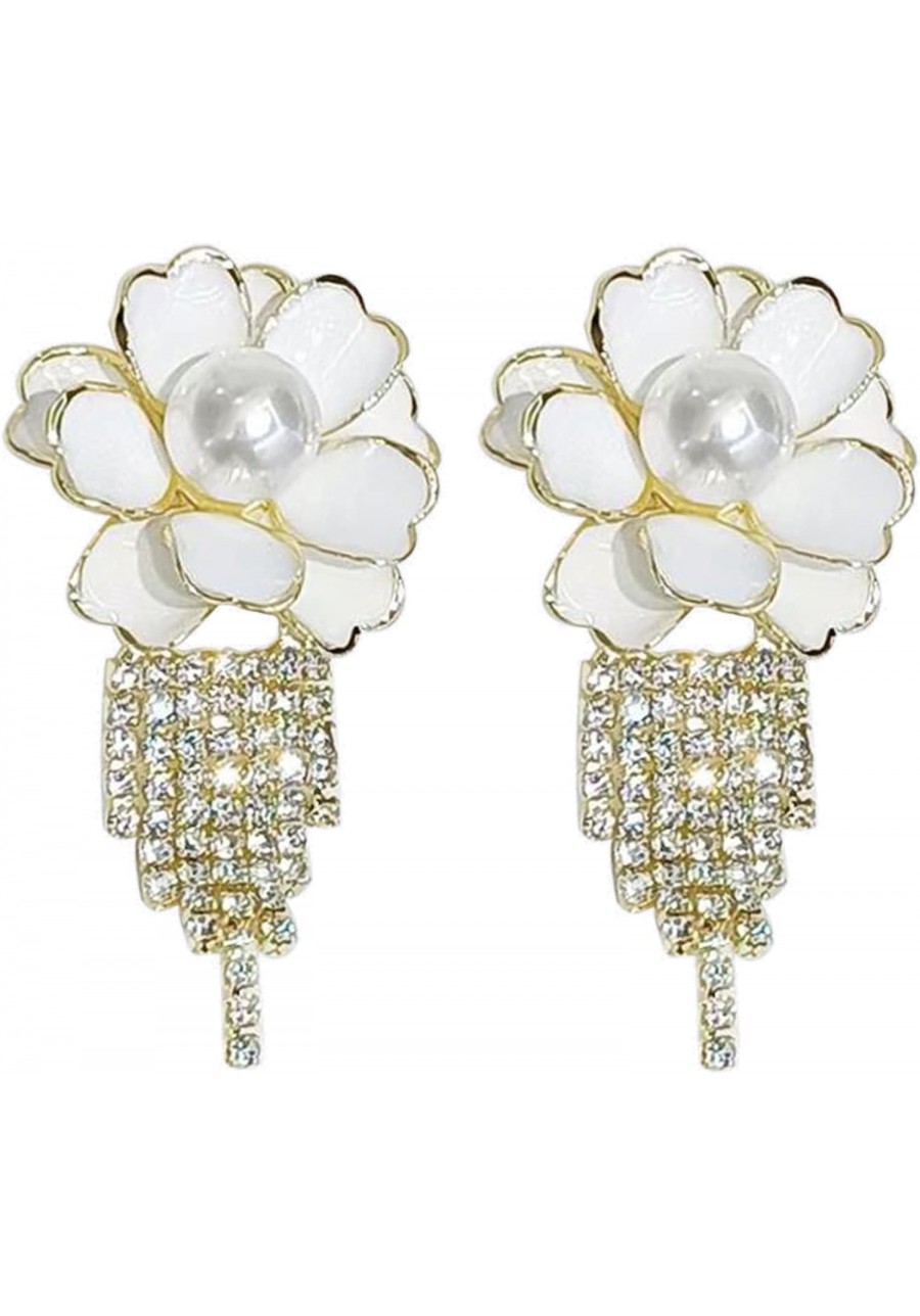 Pearl Flower Tassel Earrings 14K Gold Plated Cubic Zirconia Fringe Earrings Long Drop Dangle Earrings for Women Girls $16.21 ...