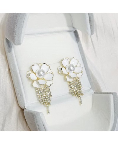 Pearl Flower Tassel Earrings 14K Gold Plated Cubic Zirconia Fringe Earrings Long Drop Dangle Earrings for Women Girls $16.21 ...