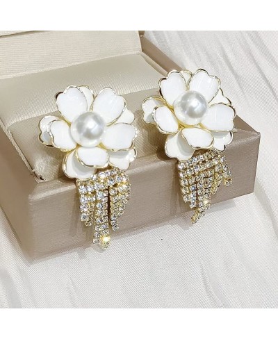 Pearl Flower Tassel Earrings 14K Gold Plated Cubic Zirconia Fringe Earrings Long Drop Dangle Earrings for Women Girls $16.21 ...