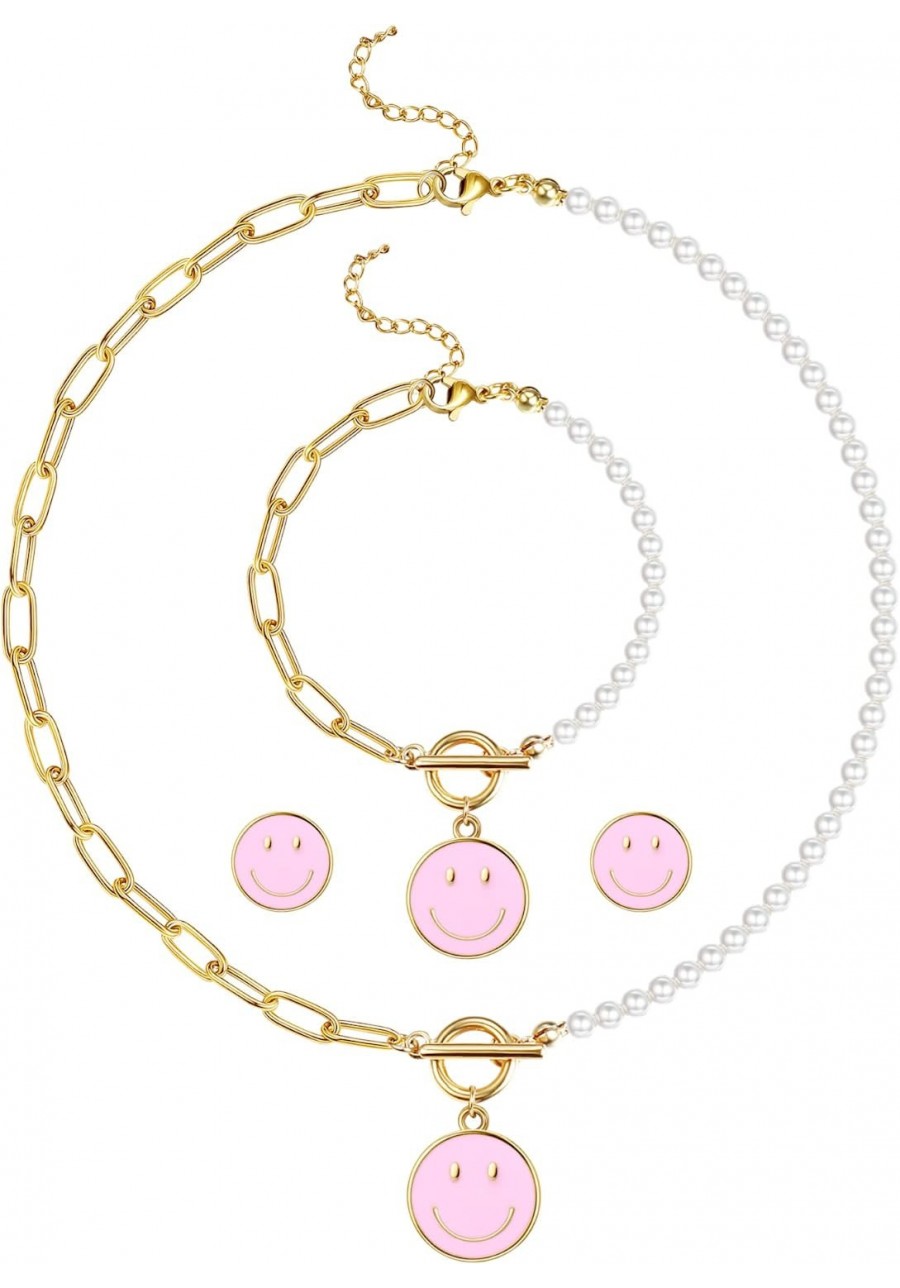 Smiley Face Jewelry Set 14K Gold Smiley Face Necklace Earrings Bracelet Paperclip Pearl Chain Preppy Jewelry for Women Girls ...