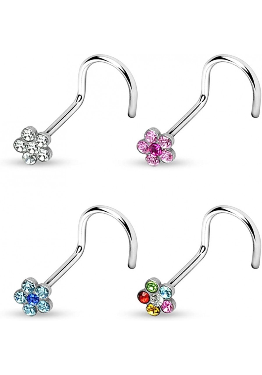 4-Color Set Gem Accent Flower Top Steel Nose Ring Screw Piercings $15.86 Piercing Jewelry