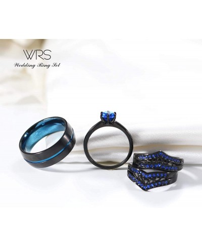 Two Rings His Hers Wedding Ring Sets Couples Matching Rings Women's 2pc Black Gold Plated Blue CZ Wedding Engagement Ring Bri...