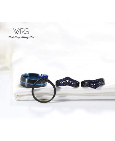 Two Rings His Hers Wedding Ring Sets Couples Matching Rings Women's 2pc Black Gold Plated Blue CZ Wedding Engagement Ring Bri...