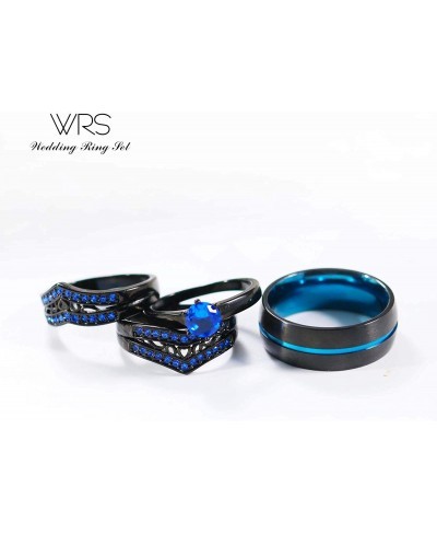 Two Rings His Hers Wedding Ring Sets Couples Matching Rings Women's 2pc Black Gold Plated Blue CZ Wedding Engagement Ring Bri...