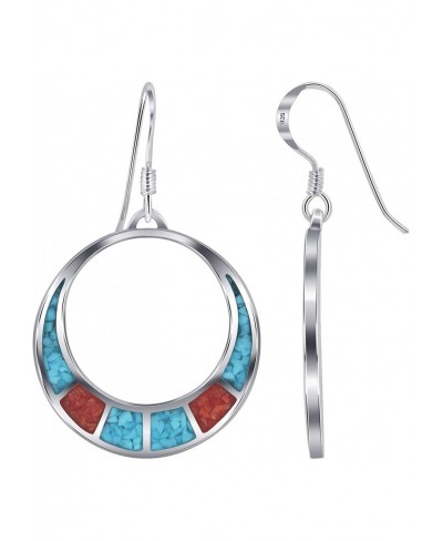 Hoop Shape Turquoise and Coral Gemstone Inlay Sterling Silver Drop French Wire Earrings $29.01 Hoop