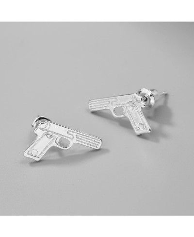 Unisex Sterling Silver Plated Smooth Face Pistol Gun Charm Stud Earring $7.38 Stud