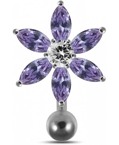 Fancy Flower Reverse Bar 925 Sterling Silver with Stainless Steel Belly Button Rings $13.55 Piercing Jewelry