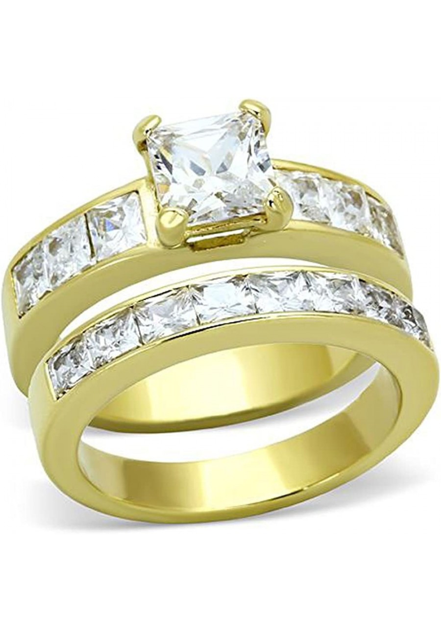 Gold-Plated Stainless Steel Princess Cubic Zirconia Wedding Ring Set Women Size 5-10 $13.60 Bridal Sets