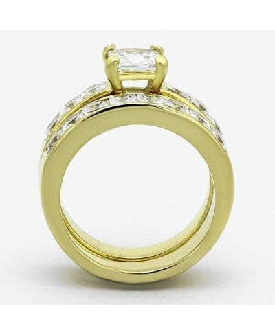 Gold-Plated Stainless Steel Princess Cubic Zirconia Wedding Ring Set Women Size 5-10 $13.60 Bridal Sets