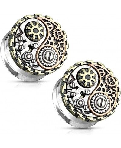 Pair of Ear Tunnels Double Flared with 3-Tone Yin and Yang Steampunk Geared Design Surgical Steel $9.06 Piercing Jewelry