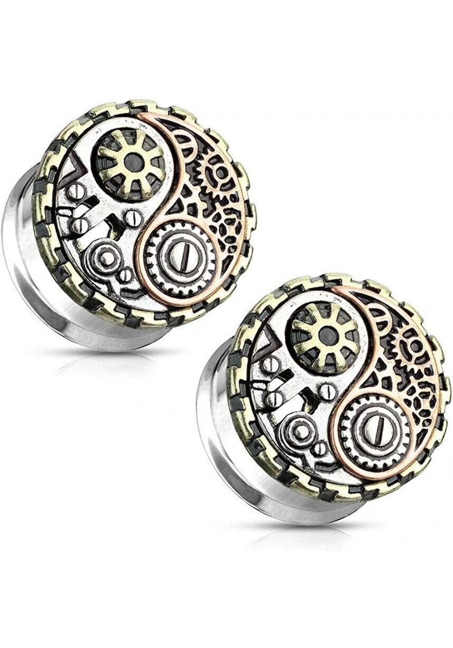 Pair of Ear Tunnels Double Flared with 3-Tone Yin and Yang Steampunk Geared Design Surgical Steel $9.06 Piercing Jewelry