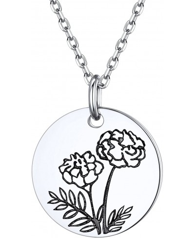 Women Birth Month Flower Necklace 925 Sterling Silver Dainty Engraved Floral Disc Coin Pendant Personalized Jewelry Silver/Go...