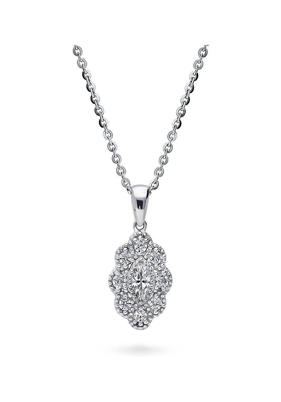 Rhodium Plated Sterling Silver Marquise Cut Cubic Zirconia Halo Navette Art Deco Anniversary Fashion Pendant Necklace $34.12 ...