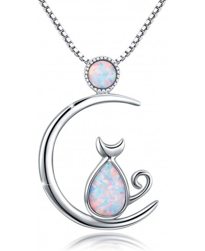 Cat Necklace Cat Jewelry 925 Sterling Silver Cat Gift For Cat Lovers Cat Pendant Opal Necklace For Women $24.04 Pendant Neckl...