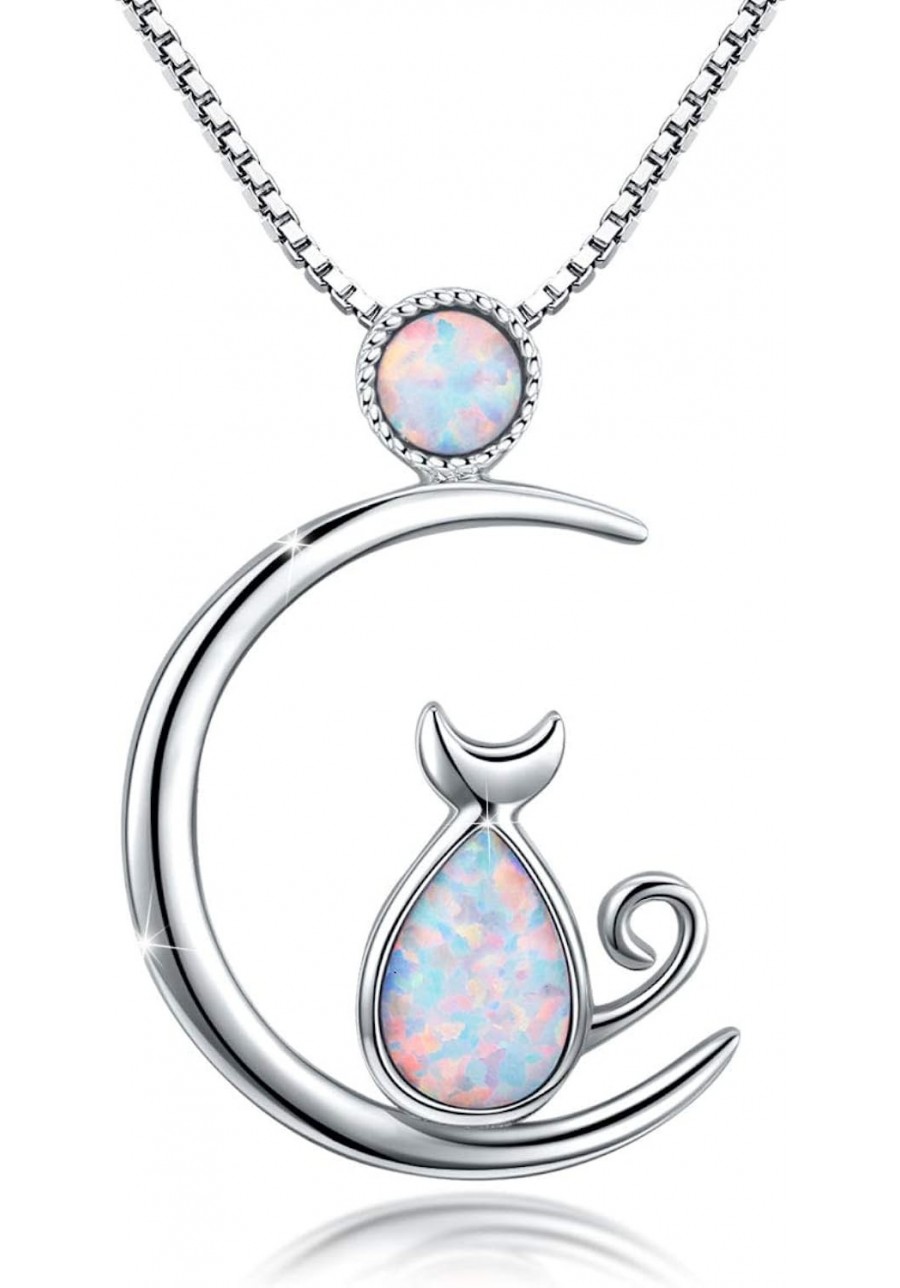 Cat Necklace Cat Jewelry 925 Sterling Silver Cat Gift For Cat Lovers Cat Pendant Opal Necklace For Women $24.04 Pendant Neckl...