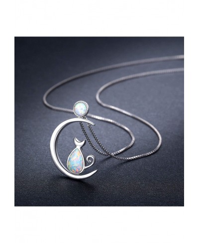 Cat Necklace Cat Jewelry 925 Sterling Silver Cat Gift For Cat Lovers Cat Pendant Opal Necklace For Women $24.04 Pendant Neckl...