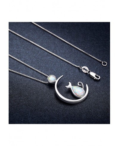 Cat Necklace Cat Jewelry 925 Sterling Silver Cat Gift For Cat Lovers Cat Pendant Opal Necklace For Women $24.04 Pendant Neckl...