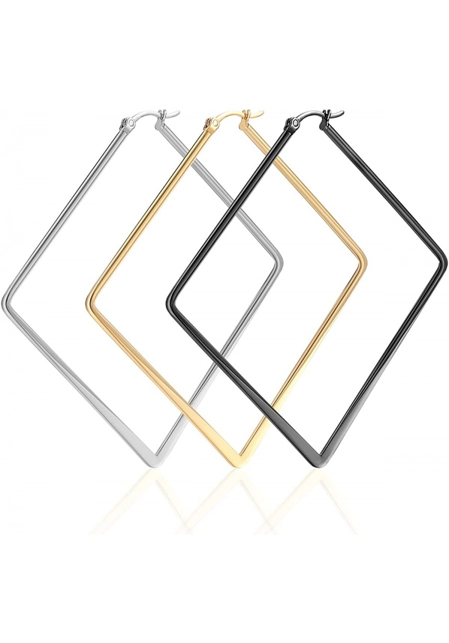 3 Pairs Big Hoop Geometric Earrings for Women Hypoallergenic Stainless Steel Hoop Earrings Set Plated in Gold-Silver-Black $1...