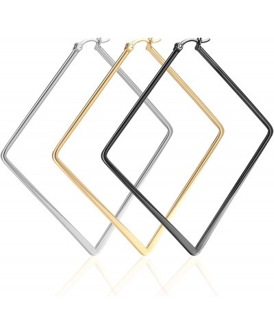 3 Pairs Big Hoop Geometric Earrings for Women Hypoallergenic Stainless Steel Hoop Earrings Set Plated in Gold-Silver-Black $1...