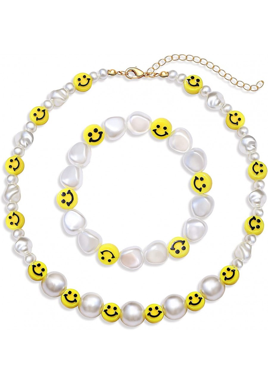 Happy Face Beaded Choker Necklace Bracelet Set Handmade Colorful Heishi Happy Face Charms Pearl Choker Cute Y2K Necklace for ...