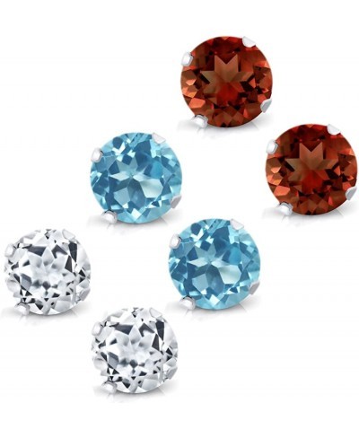 925 Sterling Silver 4MM Blue Topaz White Topaz and Garnet Stud Earrings Set of 3 $13.81 Stud