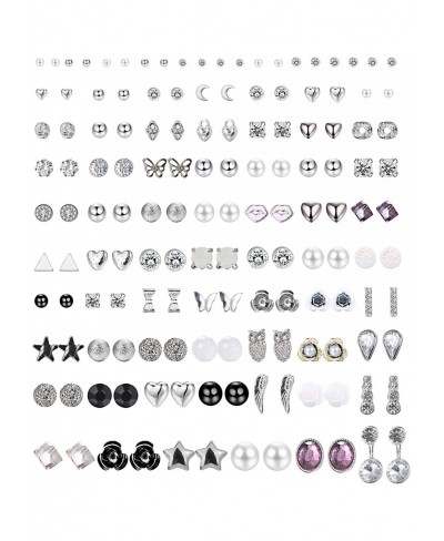 72 Pairs Assorted Multiple Stud Earrings for Women Simple Cute Ball Triangle CZ Earrings Set Silver-Tone $16.50 Stud