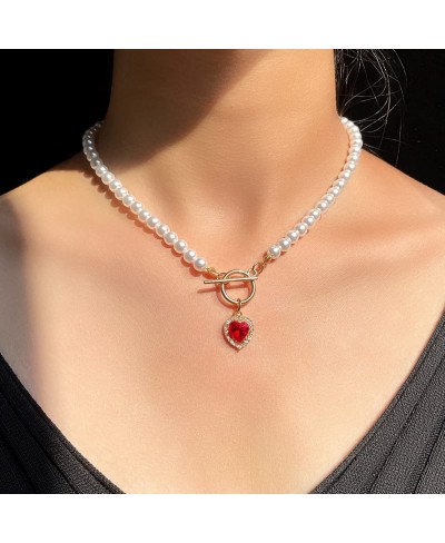 Vintage Pearl Necklace with Ruby Heart Pendant Elegant Bridal Crystal Gem Necklace Toggle Clasp Choker Necklace for Women Wed...