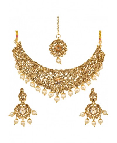 Indian Jewelry Bridal Bridemaids Wedding Kundan Choker Golden Toned Bollywood Jewellery Necklace Earrings Tikka Set For Women...