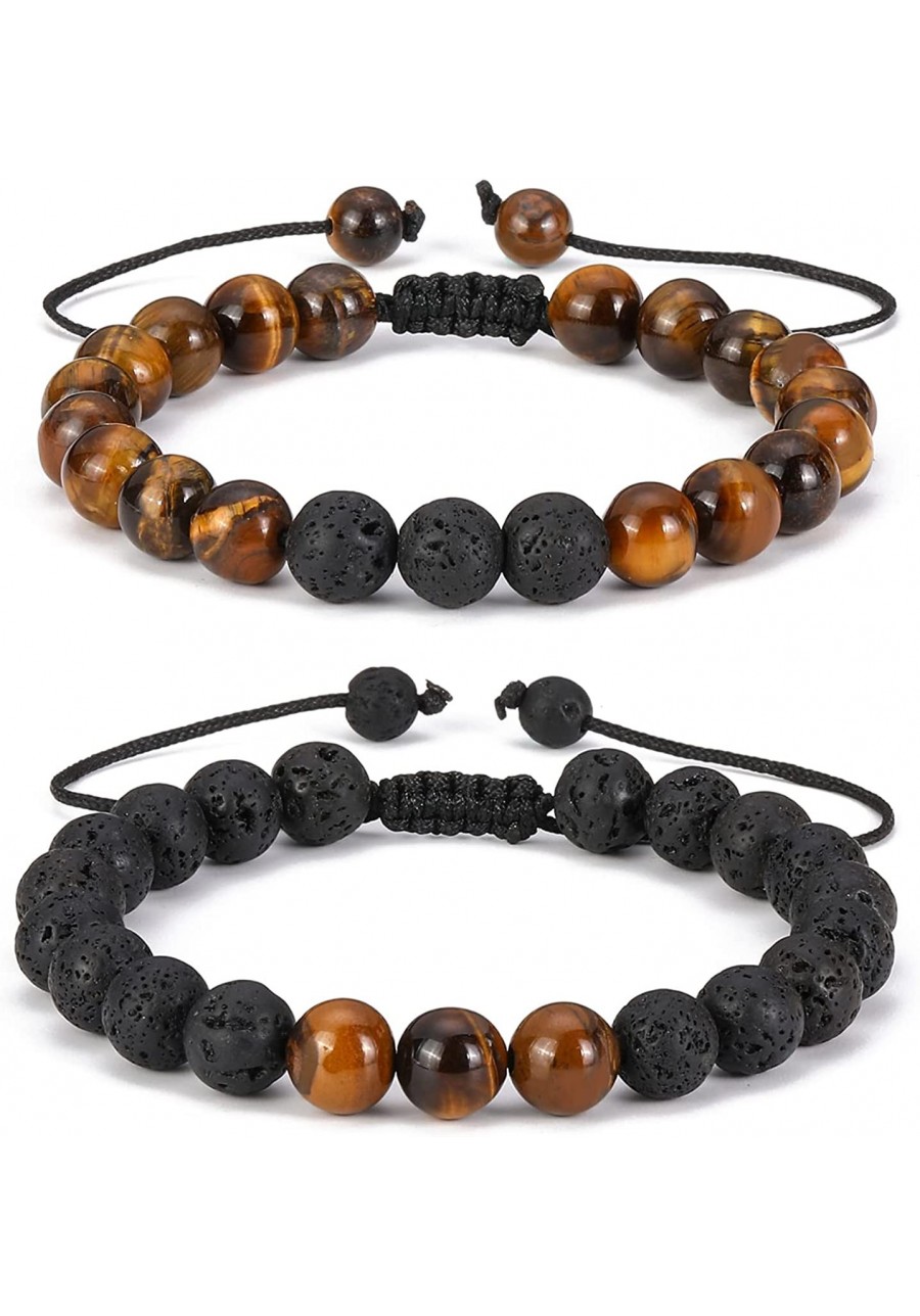 8mm 2Pcs Tiger Eye Bracelets for Women Men Couples Lava Rock Beaded Bracelets Adjustable Rope Stackable Anxiety Bracelets Aro...