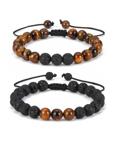 8mm 2Pcs Tiger Eye Bracelets for Women Men Couples Lava Rock Beaded Bracelets Adjustable Rope Stackable Anxiety Bracelets Aro...