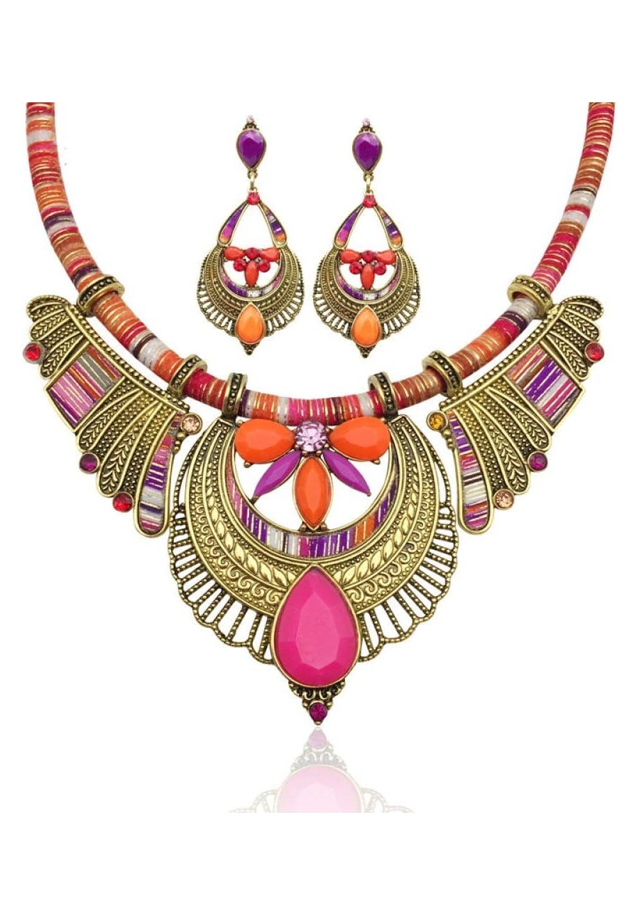 Retro Cloth Alloy Earrings Necklace Set for Women Bohemian Canvas National Style Jewelry Clavicle Chain Orange Wings Exaggera...