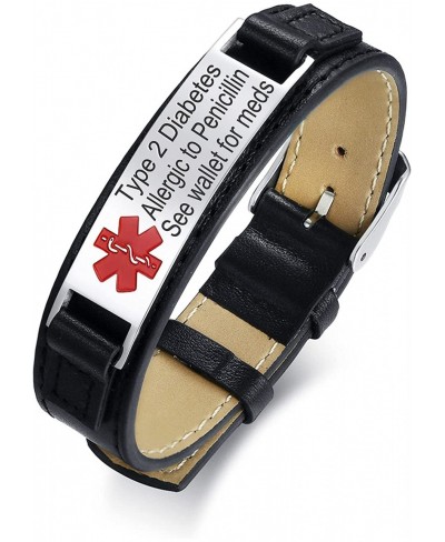 Customized Personalized Emergency Medical Alert ID Bracelet Adjustable Black Leather Vaccinated Reminder $16.68 Identification