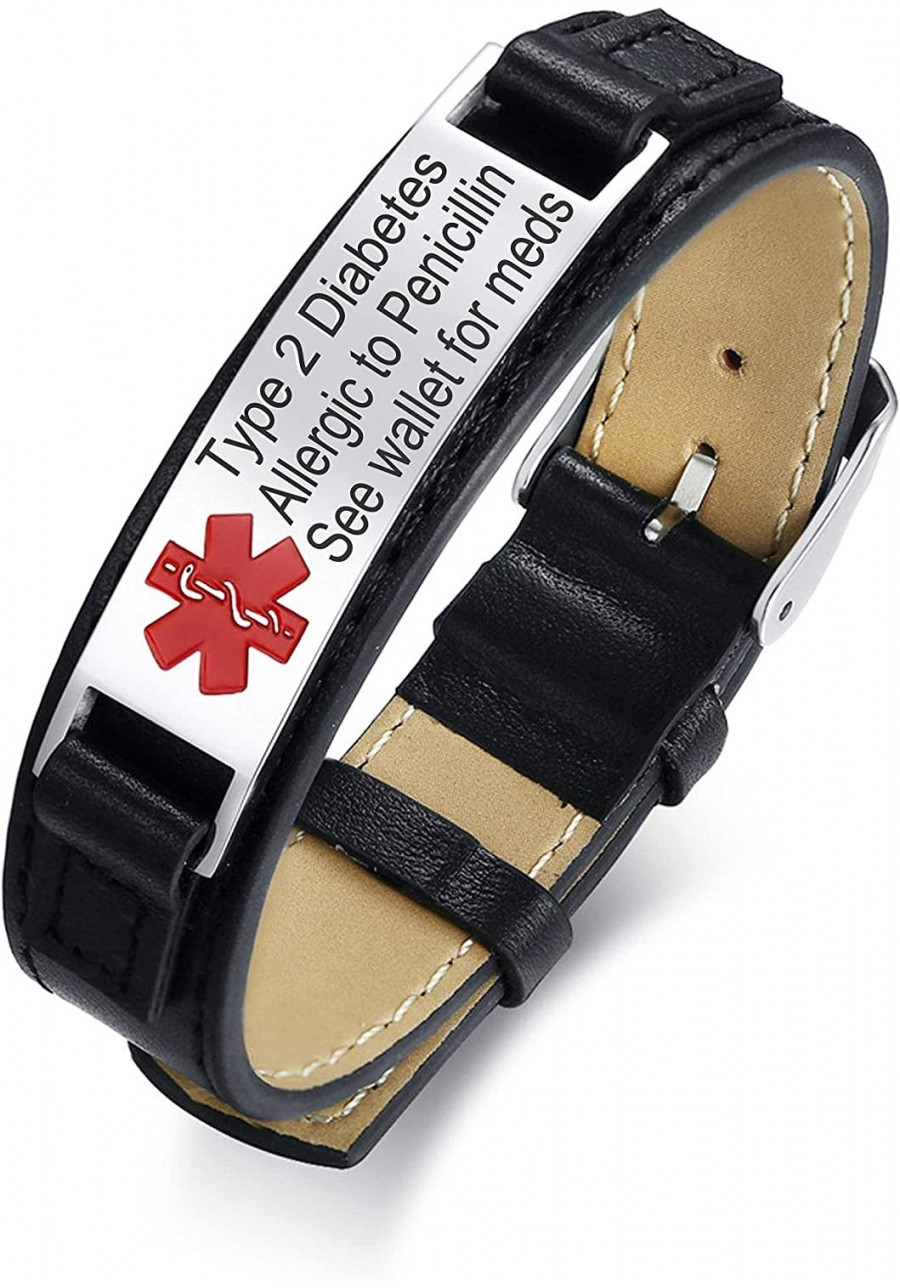 Customized Personalized Emergency Medical Alert ID Bracelet Adjustable Black Leather Vaccinated Reminder $16.68 Identification