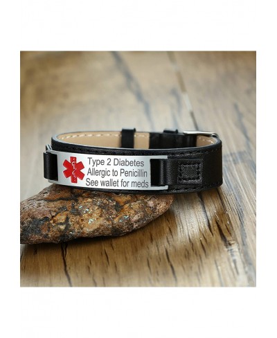 Customized Personalized Emergency Medical Alert ID Bracelet Adjustable Black Leather Vaccinated Reminder $16.68 Identification