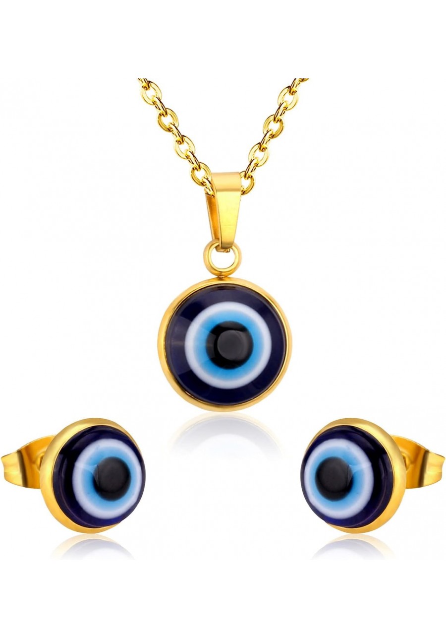 2 Pcs Blue Resin Evil Eye Stainless Steel Chain Necklace Ear Stud Set Jewelry for Women Girls $15.11 Jewelry Sets