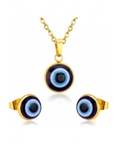 2 Pcs Blue Resin Evil Eye Stainless Steel Chain Necklace Ear Stud Set Jewelry for Women Girls $15.11 Jewelry Sets