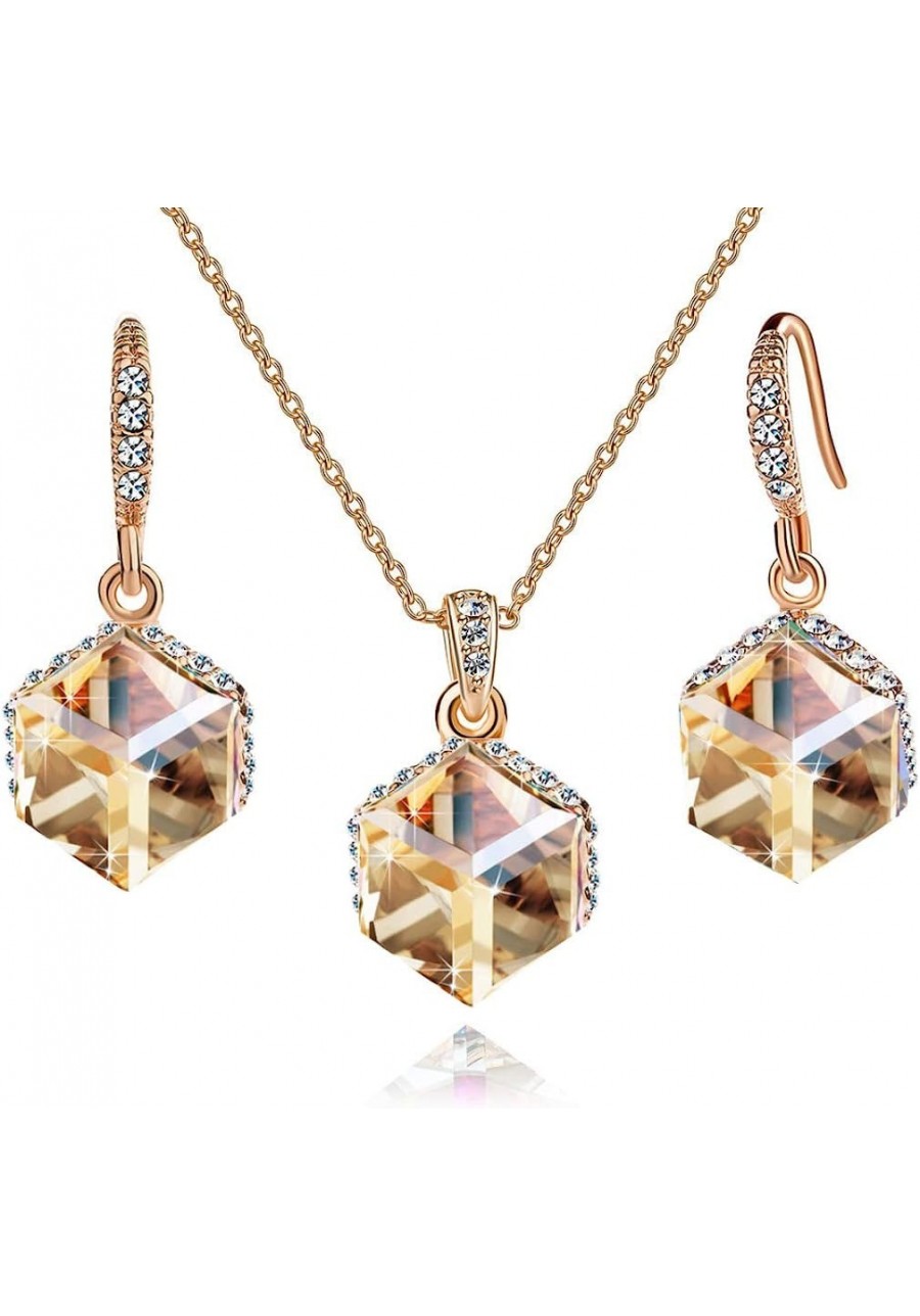 Colorful Cubic Austrian Crystal Pendant Necklace Earrings for Women 14K Gold Plated Hypoallergenic Jewelry Set $27.25 Jewelry...