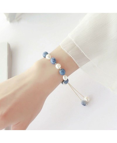 White Blue Beaded Pearl Birthstone Bracelet Women's Crystal Bracelet for Girlfriend Mom Wife Birthday $14.21 Strand