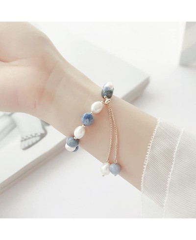 White Blue Beaded Pearl Birthstone Bracelet Women's Crystal Bracelet for Girlfriend Mom Wife Birthday $14.21 Strand