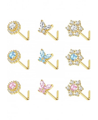 9PCS Nose Ring Stud for Women 20G Stainless Steel L-Shape Nose Rings CZ Butterfly Snowflake Nose Studs Assorted Nose Piercing...