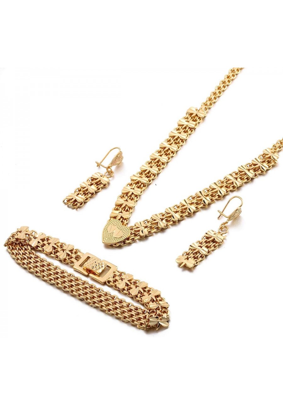 Dubai Bracelet Necklace Earring Double Heart Design Gold Jewelry Set $17.91 Jewelry Sets